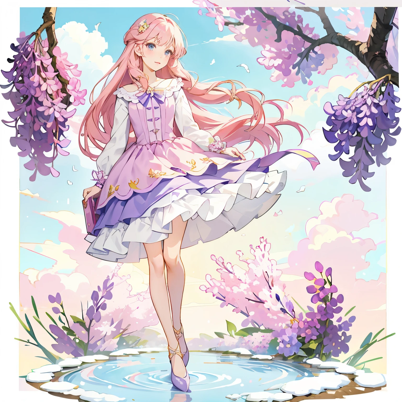 Anime girl wearing purple skirt，There is a bird in the background, lilacs, my dress up darling anime, Cute anime waifu wearing beautiful clothes, clear Fashion Design, !!full body portrait!!, Soft anime illustration, Fashion Design, Beautiful anime style, season!! : 🌸 ☀ 🍂 ❄, Beautiful anime character design, Dress up in dreamy formal attire, Beautiful anime art style, dream style