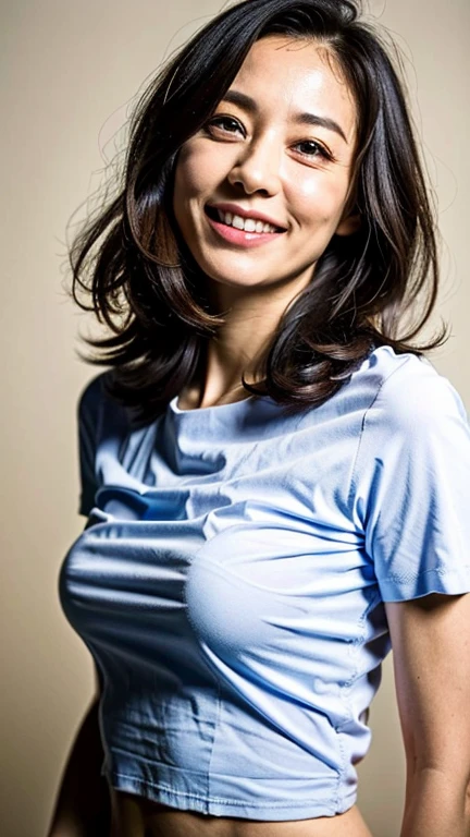 (highest quality, 8K, 32K, masterpiece, UHD:1.2),beautiful woman pictures, ((whole body)),Are standing,face focus, extra large size_white t-shirt,one person,morning,nature,healthy,stylish,Good posture,sporty,simple room,Fashion Model,50-year-old Japanese woman with age-appropriate wrinkles, natural makeup, and flat chest, smile, (Wrinkles:1.4) at the corners of the eyes, laugh lines, wrinkled skin, full body,