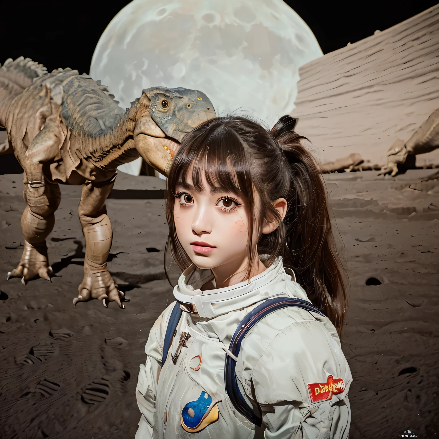 (Girl and a dinosaurs on the moon:1.5) ,(landing on the moon:1.2),(dinosaurs:1.2),original photography,(ultimate beauty portrait、sparkling skin、1 girl、Beautiful girl of 15 years old、brown hair、Big eyes sparkling like gems、Harajuku\24 year old beautiful girl),space suit