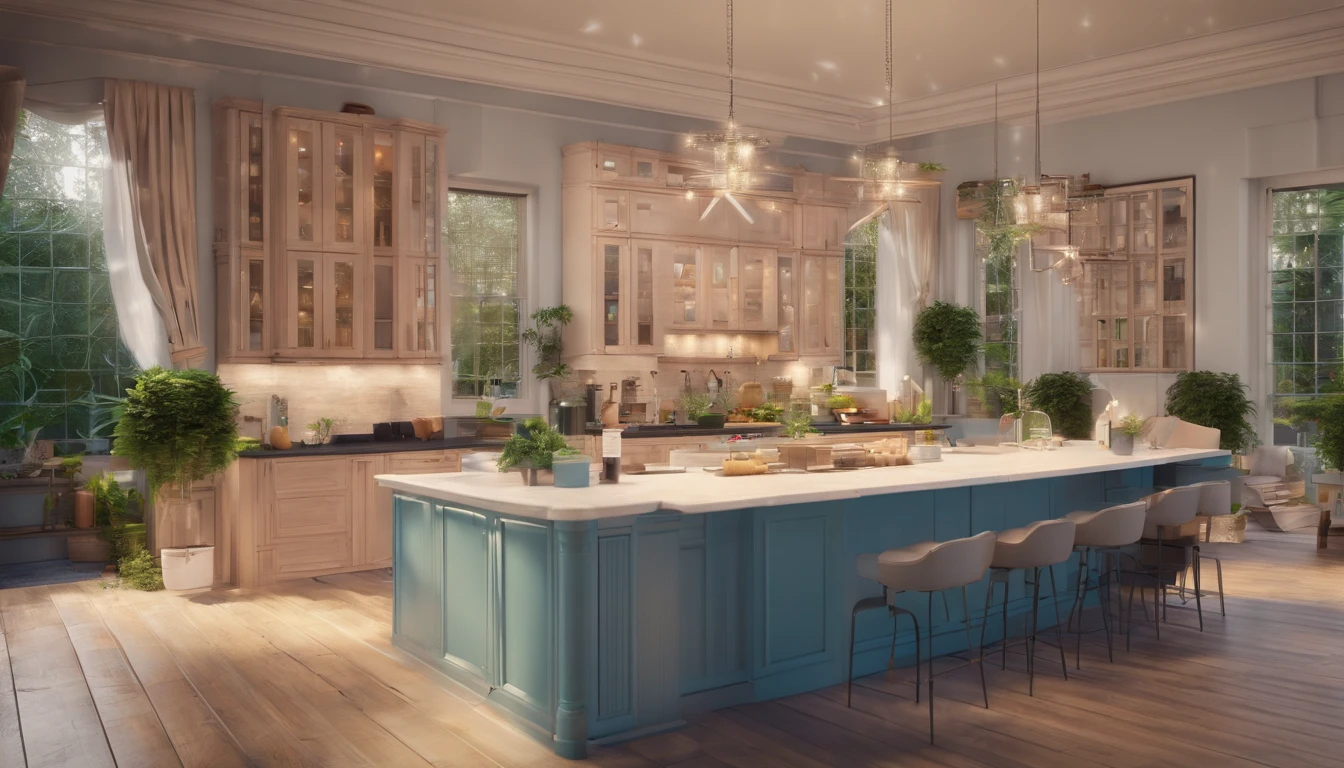 mansion conservatory, sharp, actual, 4K, film grain, Bokeh, modern kitchen