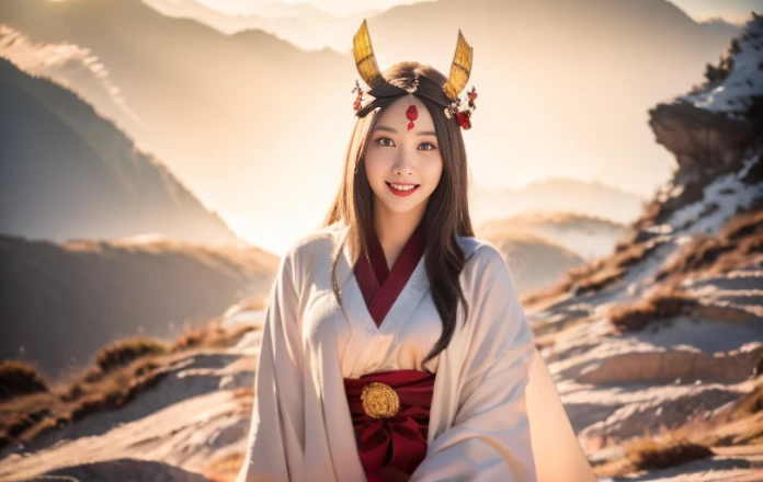1_Indonesian_girl_face, solo, long_hair, japanese_clothes, black_hair, kimono, headdress, shawl, Very_ Large_breasts, hair_ornament, jewelry, very_long_hair, mountain, cloud, sky, downblouse, very_low_claveage_exposed_half_of_breasts, showing_half_Very_large_breast, (8k, Best Quality, Masterpiece:1.2), (Realistic, Photorealistic:1.37), Ultra Detail, 1 Girl,Cute,Solo,Beautiful Detailed Sky,Date,(Blush),(Smile:1.15),(Closed Mouth)Small Breasts,Beautiful Detailed Eyes,(Long Hair: 1.2),Floating Hair NovaFrogStyle, Upper Body