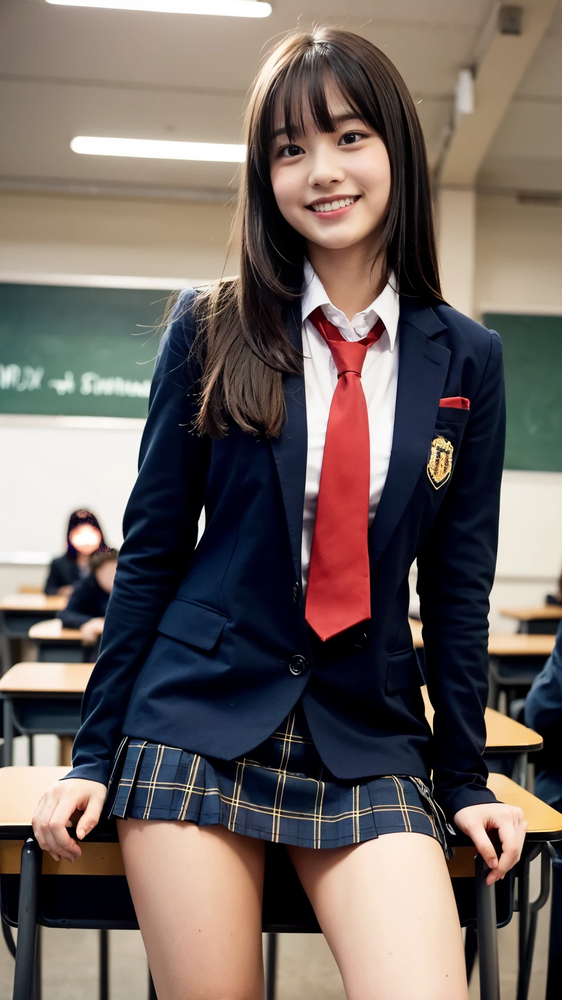 Girl Standing In School Classroom,Red Tie Uniform,Dark Blue Closed Blazer,Blue plaid skirt,18-year-old,bangs,a little smile,thighs,knees,from below