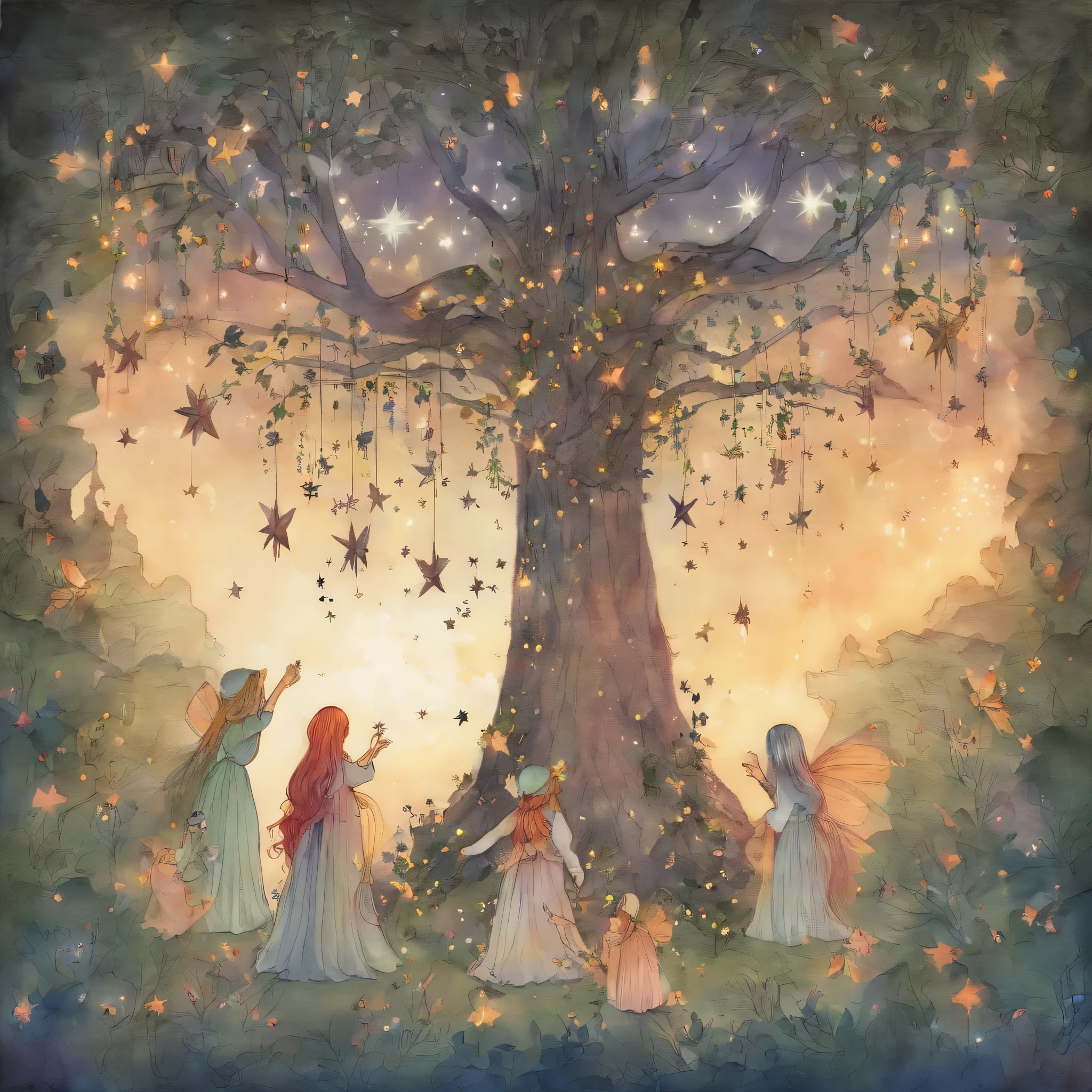 Maidens harvesting stars from the star tree.,　great atmosphere　picture book illustrations　watercolor painting　whole,