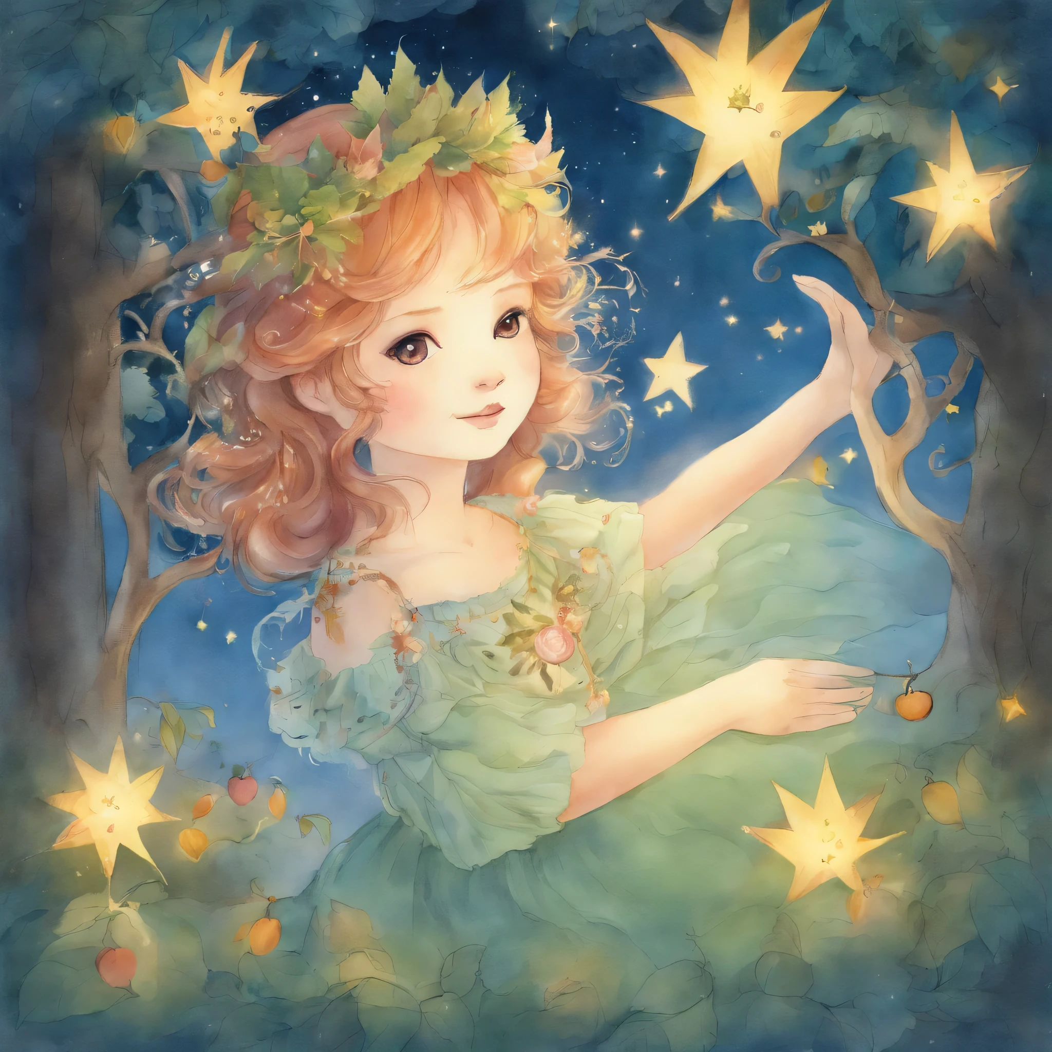 星の木から星をharvestする乙女たち,great atmosphere,picture book illustrations,watercolor painting,star tree fruit,harvest,myth,fantasy,light,anatomically correct,cute,friendly