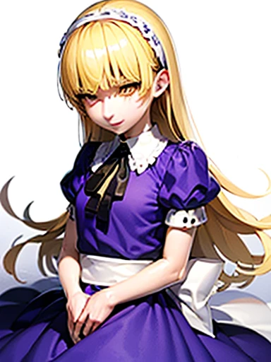 nsfw,sex、rape、vaginal 、lie down、On your back、sleep、Held down、Alice、美girl、girl、delicate、****ta、beautiful, whole body, smile, smile alicesmt, dress, long hair, blonde hair, hair band, dull bangs, puffy sleeves, blue dress, yellow eyes