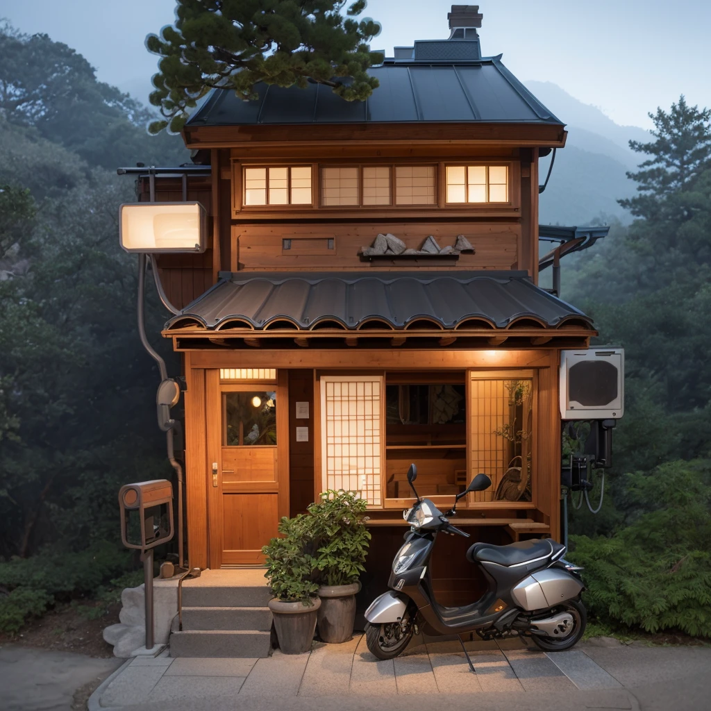 small japanese chalet, moto car, stone steps, trees, ornamental trees, sharp realistic pictures 