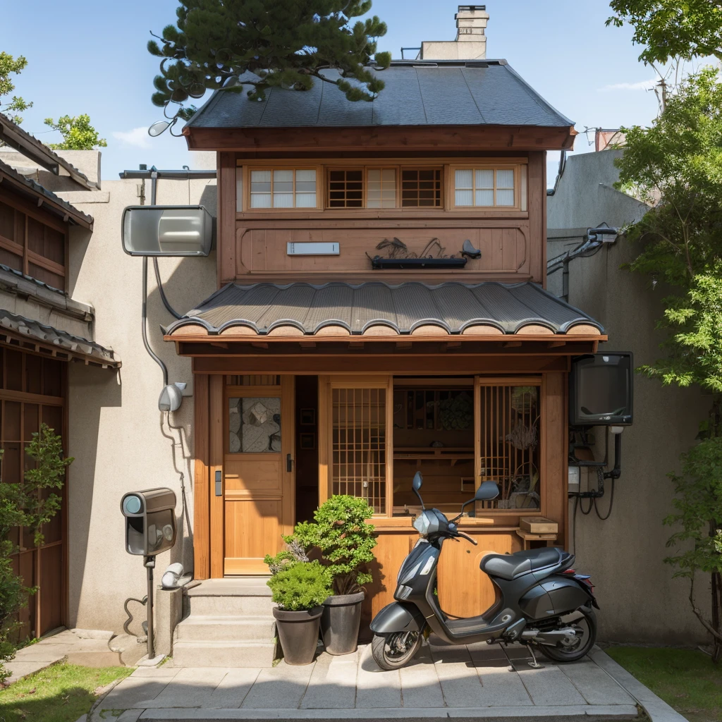 small japanese chalet, moto car, stone steps, trees, ornamental trees, sharp realistic pictures