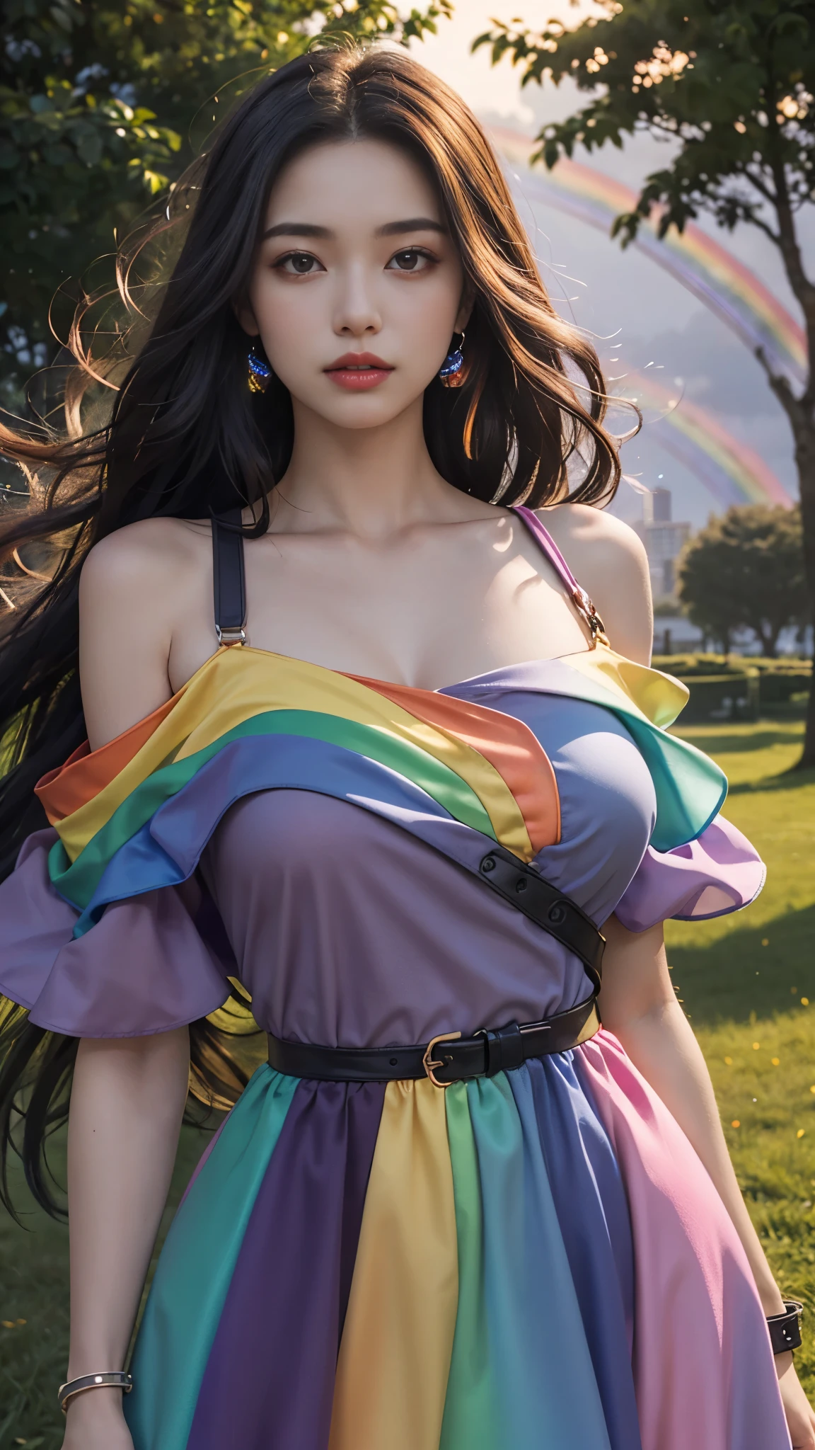 8k, masterpiece, 1 girl, beautiful face, (very long hair:1.5), light makeup, detailed eyes, detailed lips, ((beautiful Curved figure)), (simple dress:1.4), (rainbow dress:1.5), (wearing jewellery), (strap:1.4), (bare shoulder:1.4), in the park, sunset, evening, blowing wind, hair spreading,