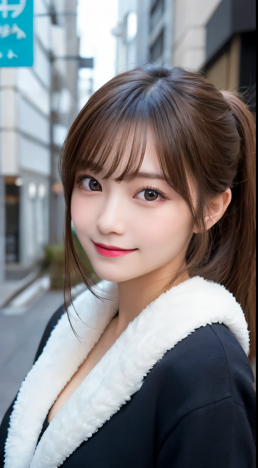table top, highest quality, shape, Super detailed, finely, High resolution, 8k wallpaper, 完璧なダイナミックな構shape, beautiful and detailed eyes, tokyo trend冬ファッション,tokyo trend&Introducing cute hairstyles at random, small breasts, natural color lip, random sexy pose,cute smile、20 year old girl、beautiful and detailed face、perfect and beautiful face,Big eyes、Wearing a fluffy black luxury mink coat、beautiful detailed face、perfect and beautiful double eyelids、blur the background、perfect and beautiful face、bright look、Twin ponytail hairstyle