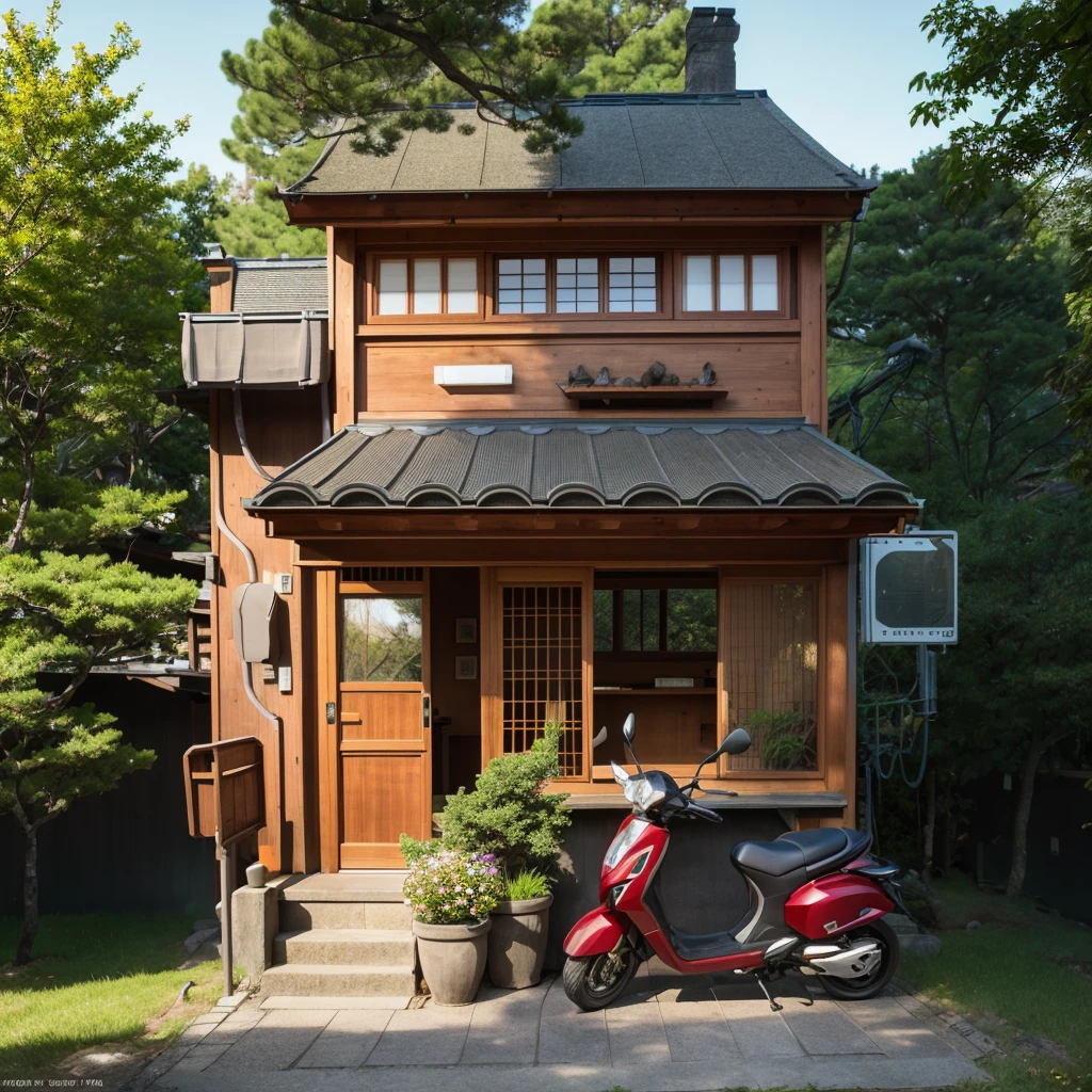 small japanese chalet, moto car, stone steps, trees, ornamental trees, sharp realistic pictures