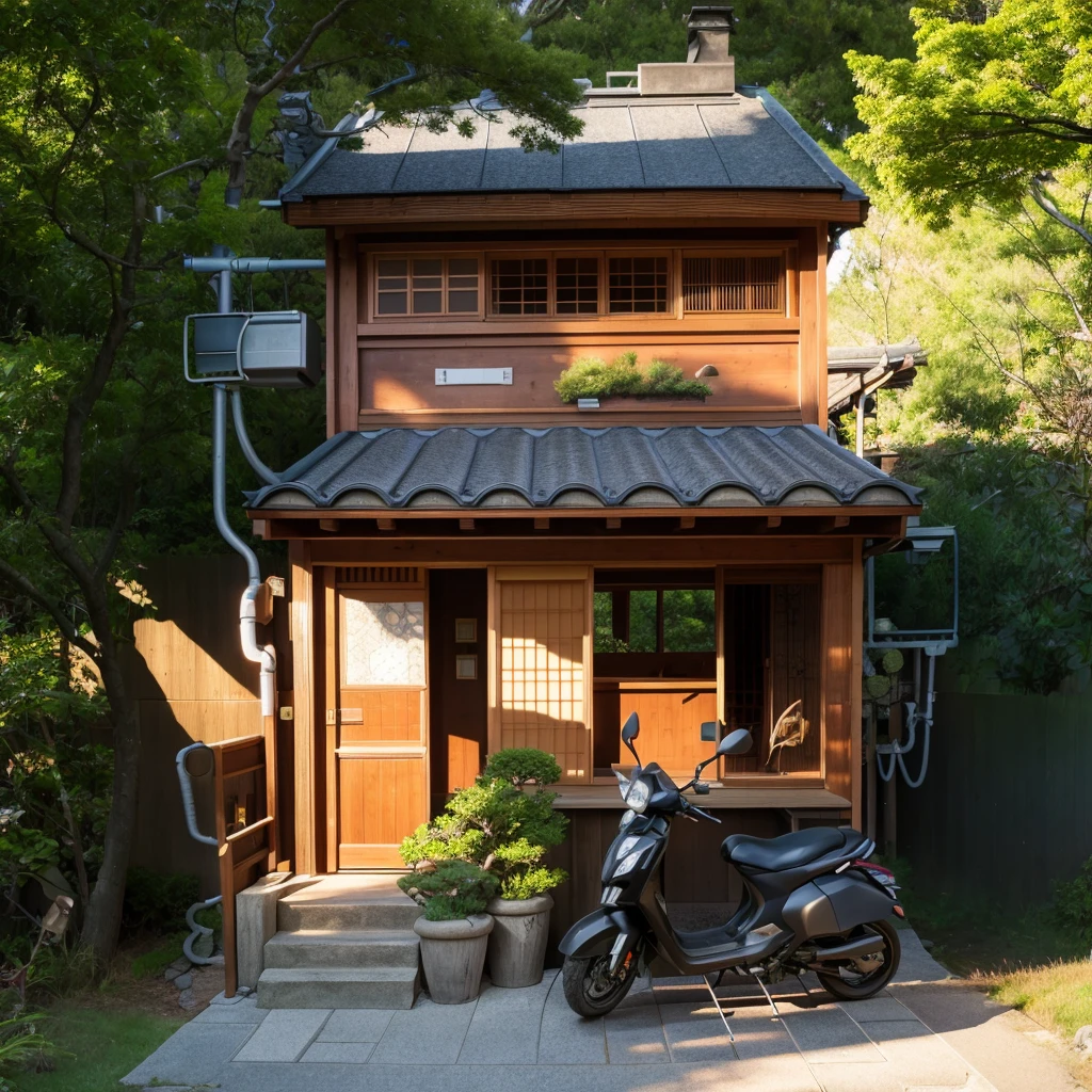 small japanese chalet, moto car, stone steps, trees, ornamental trees, sharp realistic pictures