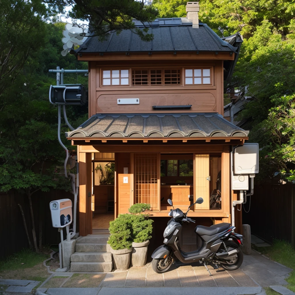 small japanese chalet, moto car, stone steps, trees, ornamental trees, sharp realistic pictures 