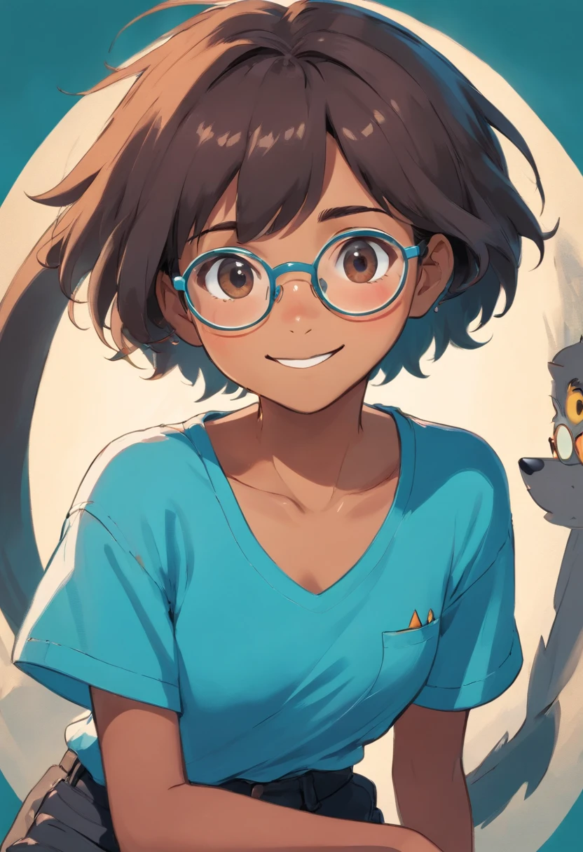 1 girl, round frame glasses, large glasses, smiling, looking at camera, messy short hair, dark skin, round eyes, cyan blue shirt, black shorts, close up, magazine photoshoot, dynamic poses
