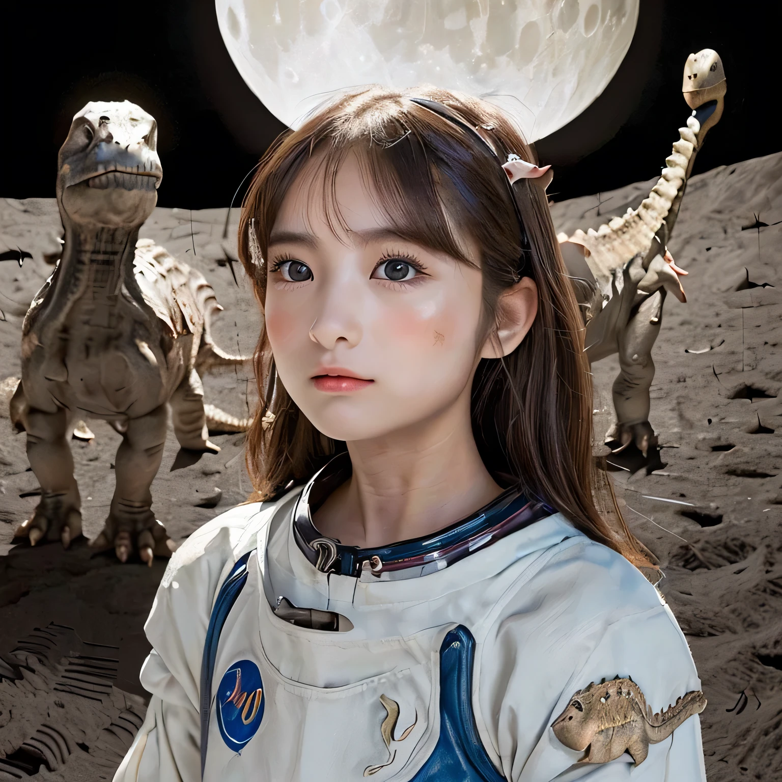 (Girl and a dinosaurs on the moon:1.5) ,(landing on the moon:1.2),(dinosaurs:1.2),original photography,(ultimate beauty portrait、sparkling skin、1 girl、Beautiful girl of 15 years old、brown hair、Big eyes sparkling like gems、Harajuku、24 year old beautiful girl),space suit