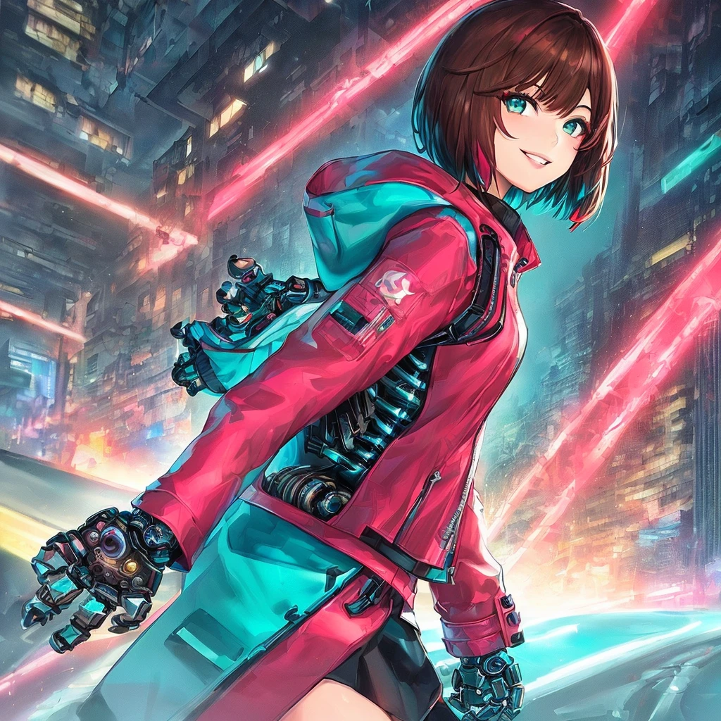 (cyberpunk\), 1girl, colored tips, teal eyes, hoodie, long sleeves, looking at viewer, short hair, multicolored hair, parted lips, brown hair with red tips, hair down, red eyeliner, solo, pink jacket, cyberpunk \(series\), cybernetic arms, mechanical robot hands, cyberware, smiling, 1 girl，Black strokes，