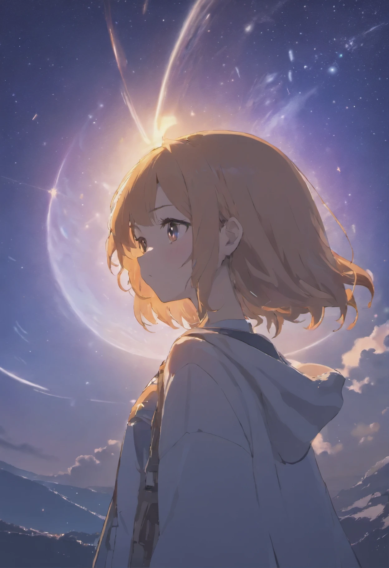 (high quality, 4K, super detailed, realistic:1.37), beauttiful stars, stunning night sky, Incredibly detailed constellations of Greenland, Milky Way, twinkling stars, Fantastic Northern Lights, Mesmerizing night view, breathtaking night sky, Immersive stargazing experience, Bright colors, soft moonlight, subtle gradation color, atmosphere lighting, Long exposure photography, peaceful and calm atmosphere cat、orange、cute、Big eyes、masterpiece、full moon、anime - style scene of a beautiful sky with a star and a planet, cosmic skies. by makoto shinkai, anime art wallpaper 4k, anime art wallpaper 4 k, anime art wallpaper 8 k, anime wallpaper 4k, anime wallpaper 4 k, 4k anime wallpaper, anime sky, amazing wallpaper, anime background, heaven planet in background, anime background art