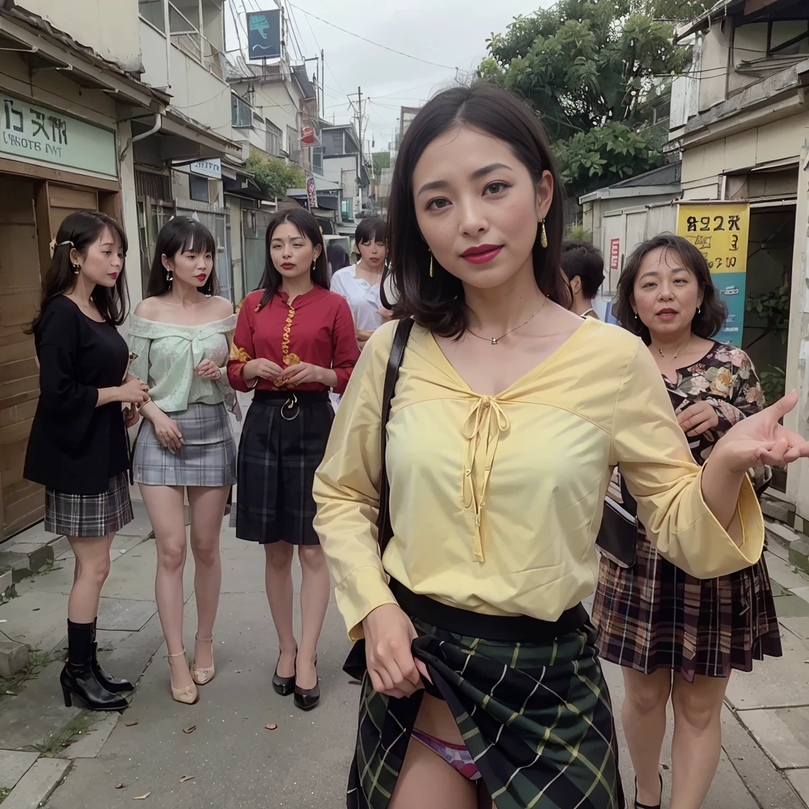 （8K、Highest image quality、highest quality、最High resolution、masterpiece、detailed、real photos、professional photography、realistic、High resolution、CG Unity、wallpaper、UHD、soft lighting、film grain、Fujifilm XT3、written boundary depth、sharp focus、50mm lens focal length）、(beautiful japanese mature)、38 years old、We have 3、(look at the camera)、laughing out loud、（long curly hair:1.5）、（明るいBrownの髪）、((bright red lipstick、Eyelashes、eye shadow、earrings、Shining foundation、dark makeup:1.2))、(Are thin:1.2)、(:1.2)、((The clothes are in chic autumn colors.、Dark green、dark red、Brown、Dark cyan、Based on deep yellow:1.2))、(patterned bra and panties:1.5)、（garter belt、stockings:1.5）、(blouse with wide neckline:1.5)、(plaid mini skirt:1.5)、((Lift up the hem of your skirt and show your panties:1.5))、（wearing stiletto heels:1.5）、((daytime、The three of us are walking down a very narrow alley.))