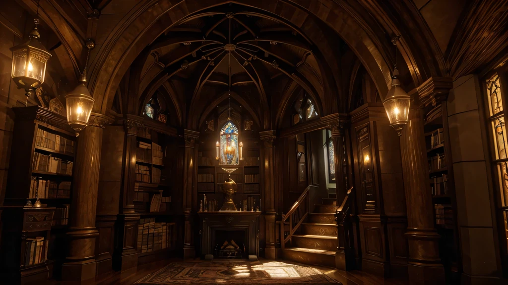 (best quality,4k,8k,highres,masterpiece:1.2),ultra-detailed,(realistic,photorealistic,photo-realistic:1.37), immersive, vibrant colors,dynamic lighting, Medieval, magical, mystical, captivating atmosphere, stone walls, ornate pillars, arches, stained glass windows, flickering candlelight, elaborate chandeliers, ancient manuscripts, dusty bookshelves, secret passageways, grand library, hidden treasures, spellbinding spells, mysterious artifacts, spell books, ethereal mist, glowing crystals, wise old wizard, intricate tapestries, magical creatures, enchanting music, echoey whispers, crackling fireplace, high vaulted ceilings, starry night sky shining through a glass dome, magical spires, winding staircases, golden accents, grand entrance.

Notice：
- This description is of a medieval style room with strong magical elements，It has stone walls and ornate pillars，Bookshelf with ancient manuscripts and secret passages，Magnificent libraries and hidden treasures，Magical spells and mysterious artifacts，Hanging crystals and mist，The existence of ancient wizards and magical creatures，and an aura of spells and secrets.。
- This is a room full of magic and mystery，through lighting such as、color、details to create a rich and charming atmosphere，and create a medieval feel.。