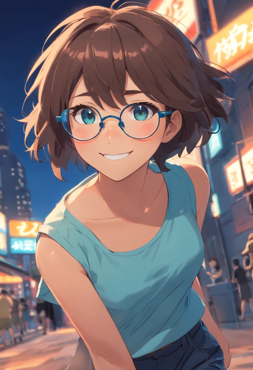 1 girl, round frame glasses, large glasses, smiling, looking at camera, messy short hair, dark skin, round eyes, cyan blue shirt, black shorts, close up, magazine photoshoot, dynamic poses