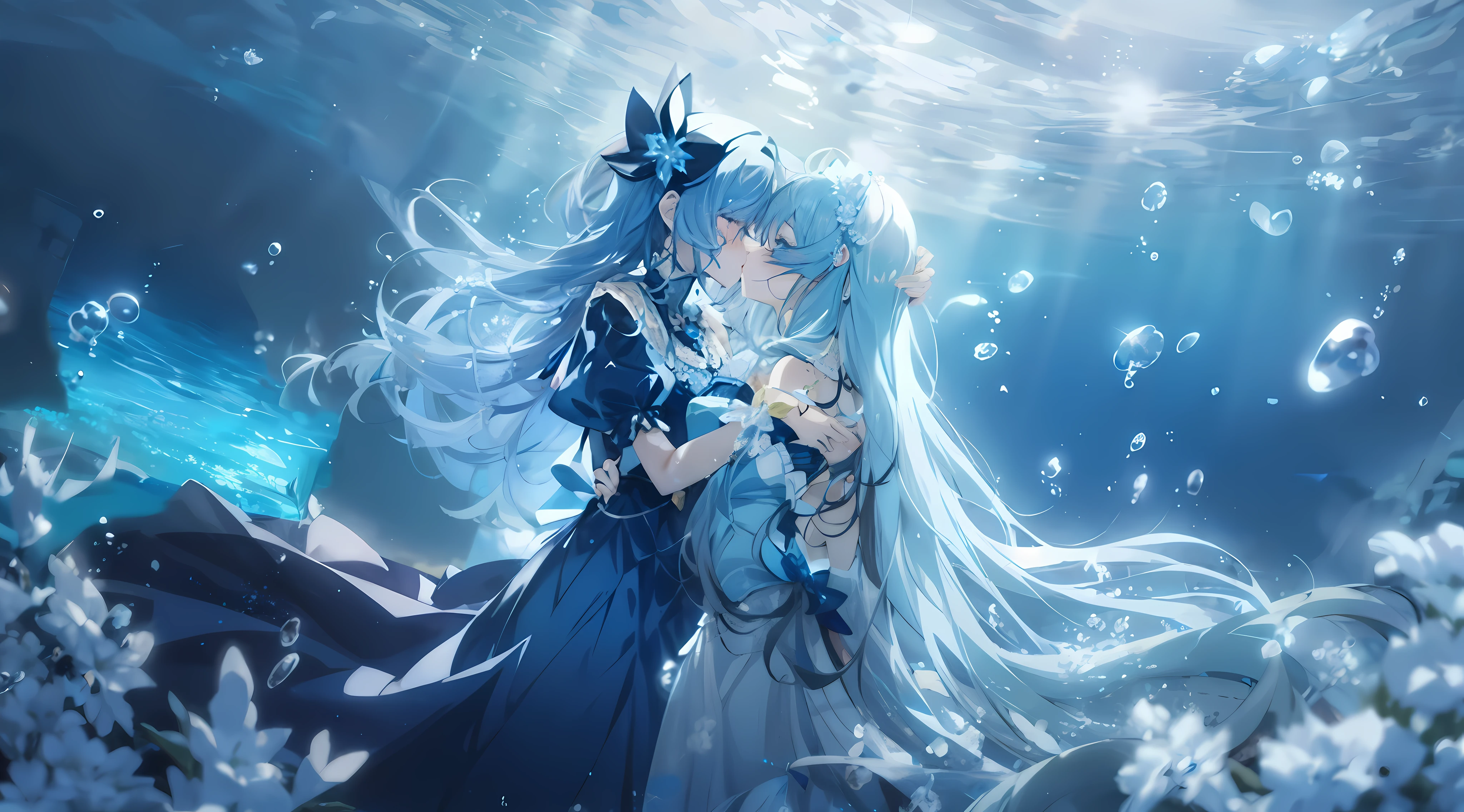 (2 anime girls in blue dresses kissing underwater), wallpaper anime blue water, Beautiful fantasy anime, Close-up fantasy of water magic, high definition anime art, Beautiful anime artwork, A beautiful artistic illustration, Beautiful anime art, anime fantasy artwork, HD anime wallpaper, ultra HD anime wallpaper, anime art wallpaper 4k, anime art wallpaper 4k, HD anime wallpaper
