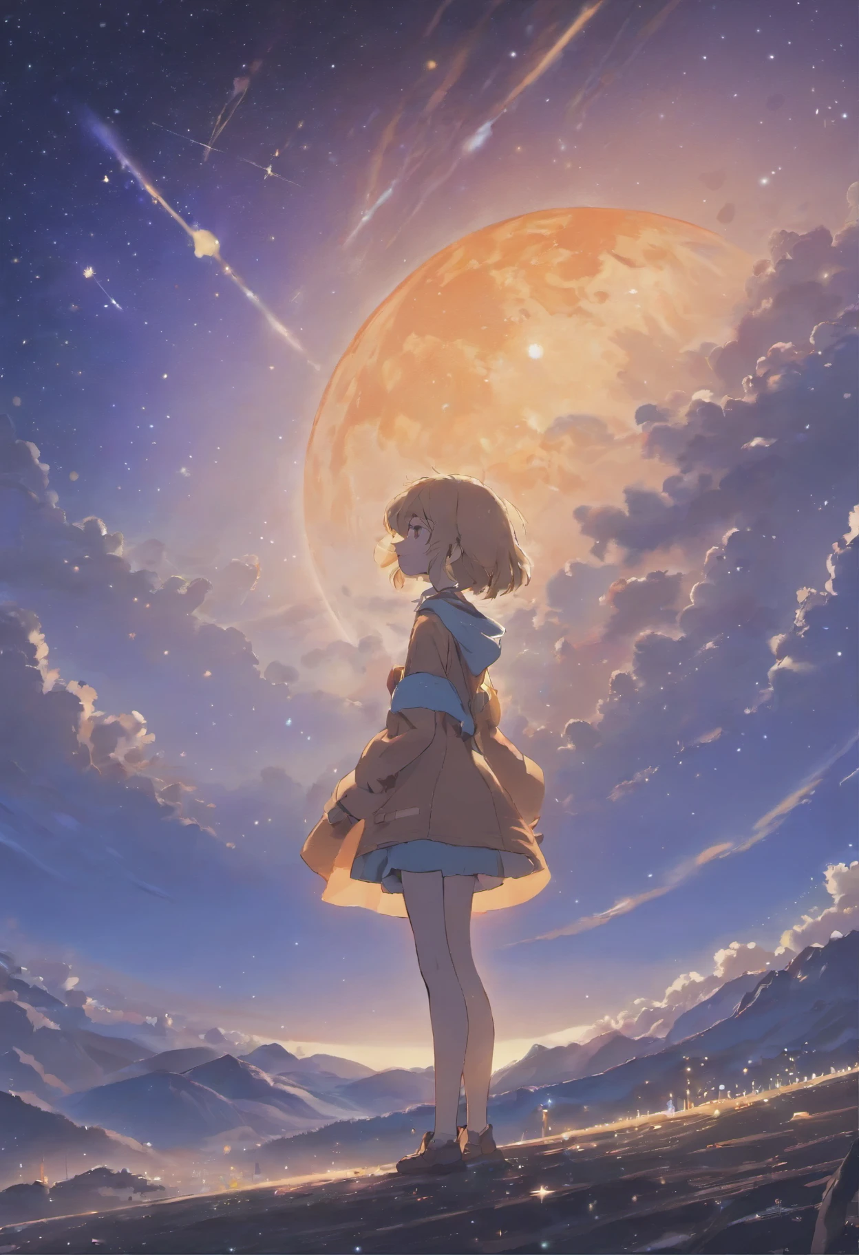 (high quality, 4K, super detailed, realistic:1.37), beauttiful stars, stunning night sky, Incredibly detailed constellations of Greenland, Milky Way, twinkling stars, Fantastic Northern Lights, Mesmerizing night view, breathtaking night sky, Immersive stargazing experience, Bright colors, soft moonlight, subtle gradation color, atmosphere lighting, Long exposure photography, peaceful and calm atmosphere orange、cute、Big eyes、masterpiece、full moon、anime - style scene of a beautiful sky with a star and a planet, cosmic skies. by makoto shinkai, anime art wallpaper 4k, anime art wallpaper 4 k, anime art wallpaper 8 k, anime wallpaper 4k, anime wallpaper 4 k, 4k anime wallpaper, anime sky, amazing wallpaper, anime background, heaven planet in background, anime background art