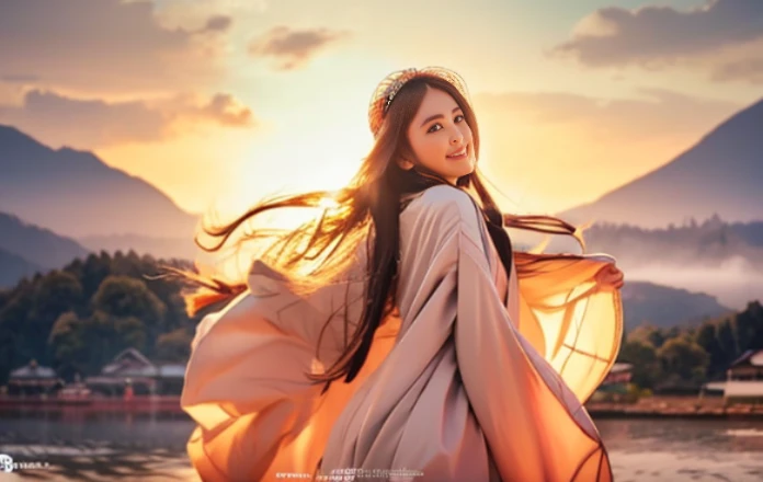 1_Indonesian_girl_face, solo, long_hair, japanese_clothes, black_hair, kimono, headdress, shawl, Very_ Large_breasts, hair_ornament, jewelry, very_long_hair, mountain, cloud, sky, downblouse, very_low_claveage_exposed_half_of_breasts, showing_half_Very_large_breast, (8k, Best Quality, Masterpiece:1.2), (Realistic, Photorealistic:1.37), Ultra Detail, 1 Girl,Cute,Solo,Beautiful Detailed Sky,Date,(Blush),(Smile:1.15),(Closed Mouth)Small Breasts,Beautiful Detailed Eyes,(Long Hair: 1.2),Floating Hair NovaFrogStyle, Upper Body