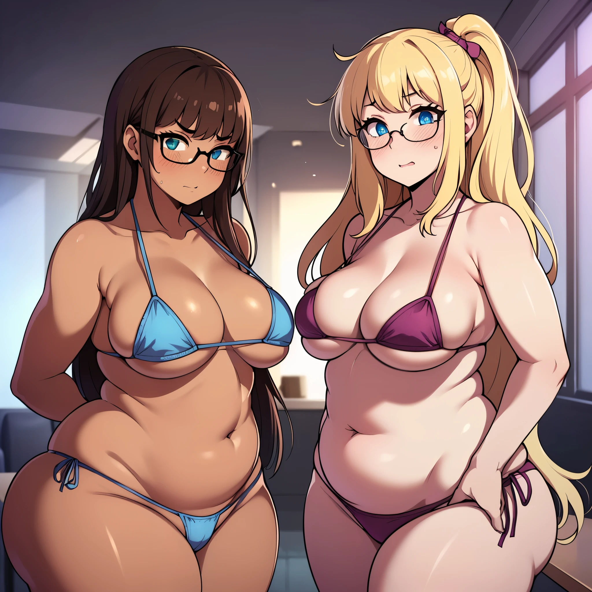 ((((kipteitei art)))), ((highres)),Masterpiece, high quality, best quality, beautiful, perfect lighting, detailed face, ultra cute face, ((2girls)), ((solo), long blonde hair, short brown hair ponytail, blue eyes, green eyes, glasses, embarrassed look, masochist, aroused, ((blush)), looking at viewer, arms crossed, standing in a classroom, (classroom), daytime, side tie micro bikini, (chubby), belly bulge, (wide hips), ((thick thighs)), medium breasts, perky breasts, 24 year old female, 2 girls standing next to each other,