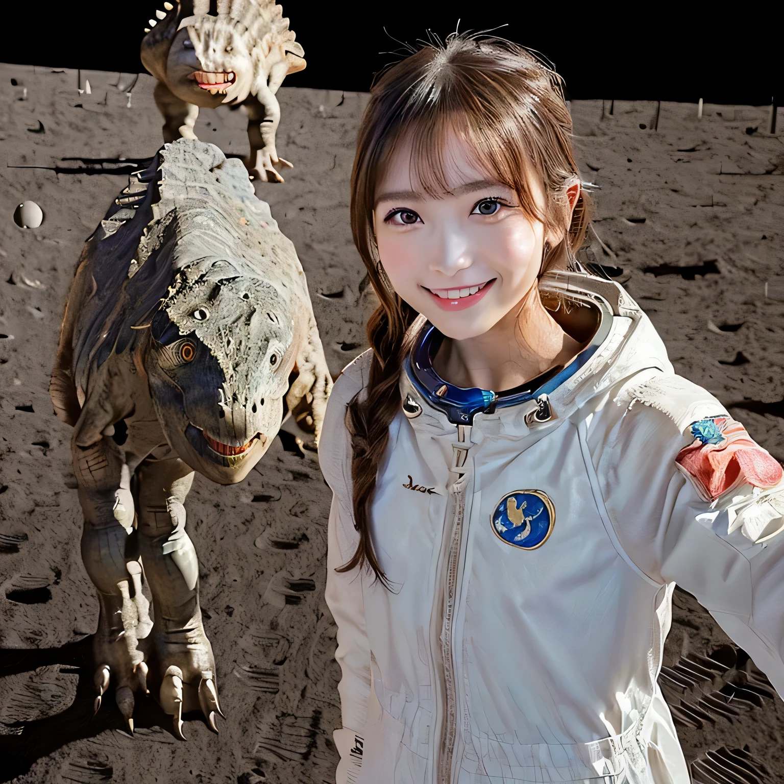 (Girl and a dinosaurs on the moon:1.5) ,(landing on the moon:1.2),(dinosaurs:1.2),original photography,(ultimate beauty portrait、sparkling skin、1 girl、Smile、brown hair、Big eyes sparkling like gems、Harajuku、24 year old beautiful girl),space suit