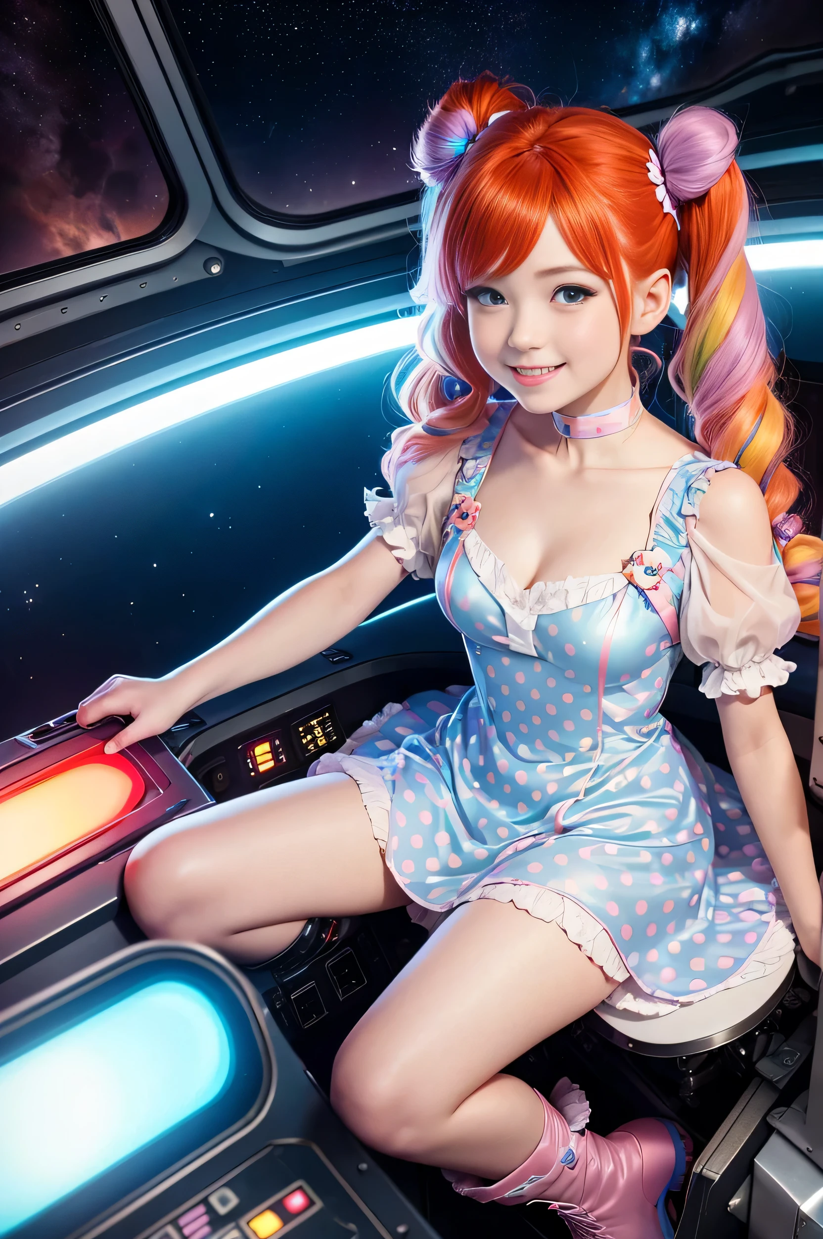 (overhead view) Cute redhead with rainbow colored hair tips, ribbons in her hair, 18-year-old woman, happy, smiling, in twin tails, perfect eyes, clear sparkling blue eyes, pale skin, silky smooth skin, flying a fancy metal luxurious space ship, futuristic cockpit, she's a pilot, outer space seen in windows, dark warm lighting, wearing a futuristic party dress, pleated (chemise) mini dress (pastel rainbow colors, and polka dots), puffy sleeves, silk, pantyhose, cute short cut booties, boots.