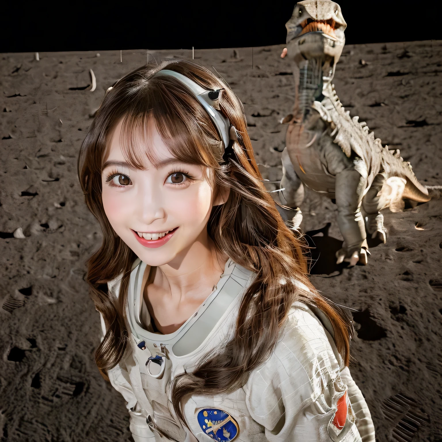 (Girl and a dinosaurs on the moon:1.5) ,(landing on the moon:1.2),(dinosaurs:1.2),original photography,(ultimate beauty portrait、sparkling skin、1 girl、Smile、brown hair、Big eyes sparkling like gems、Harajuku、24 year old beautiful girl),space suit