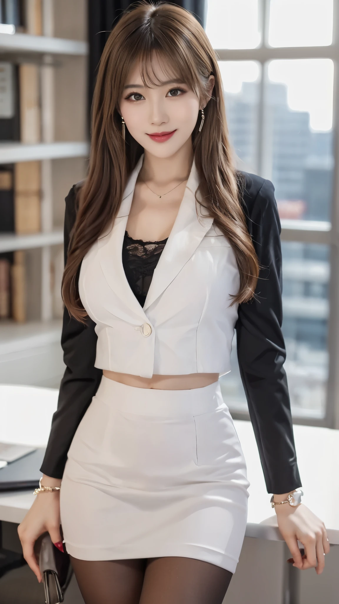 beautiful japanese woman,Photos taken by a professional photographer,Fancy makeup with red eyeshadow,double eyelid,The best smile,Delicate brown hair with short cut and side waves,big ring earrings,elegant legs,Wearing black high heels,long and thin legs, white shirt and super miniskirt, long legs, standing during class, very beautiful slim legs, とても美しいlong and thin legs, sitting at desk, Business service, beautiful feet, good hips and long legs, beautiful feet, black tights,black stockings,black pantyhose,random pose,