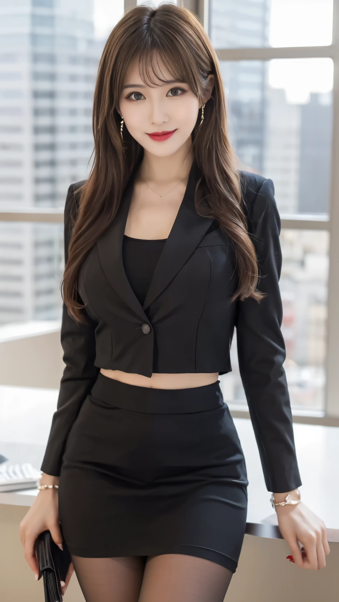 beautiful japanese woman,Photos taken by a professional photographer,Fancy makeup with red eyeshadow,double eyelid,The best smile,Delicate brown hair with short cut and side waves,big ring earrings,elegant legs,Wearing black high heels,long and thin legs, white shirt and super miniskirt, long legs, standing during class, very beautiful slim legs, とても美しいlong and thin legs, sitting at desk, Business service, beautiful feet, good hips and long legs, beautiful feet, black tights,black stockings,black pantyhose,random pose,