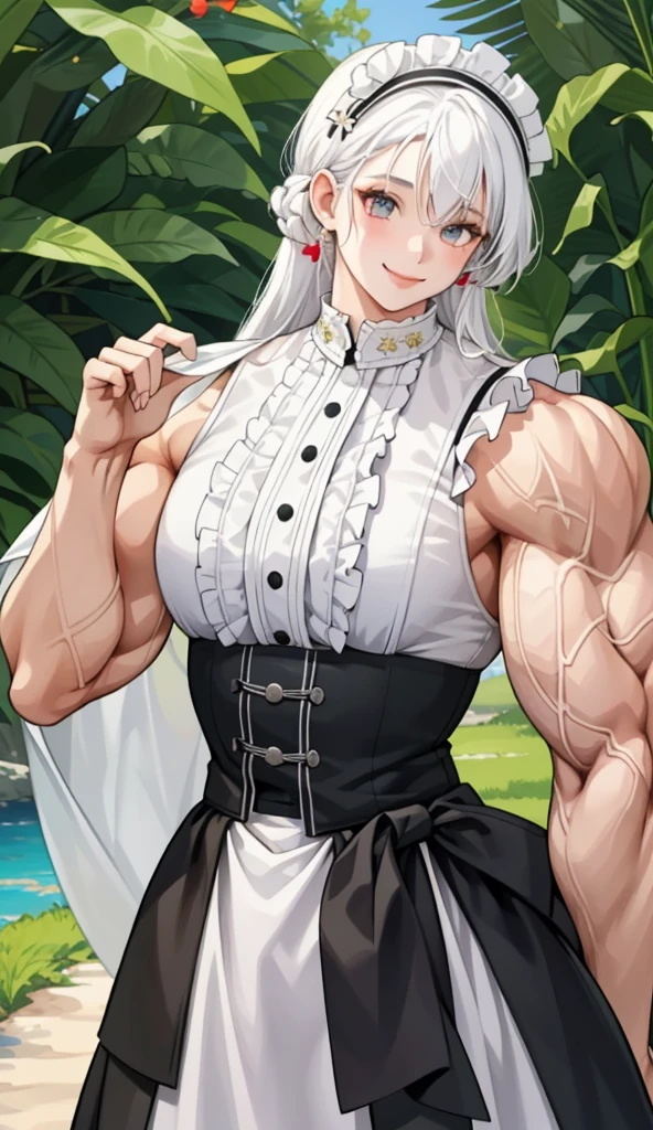 1girl in、A smile、The shirt、skirt by the、pinafore、hair adornments、Maid costume、White hair、Chilarism、summer clothing、Upper body portrait，(muscular female:1.2),(biceps),covered abs