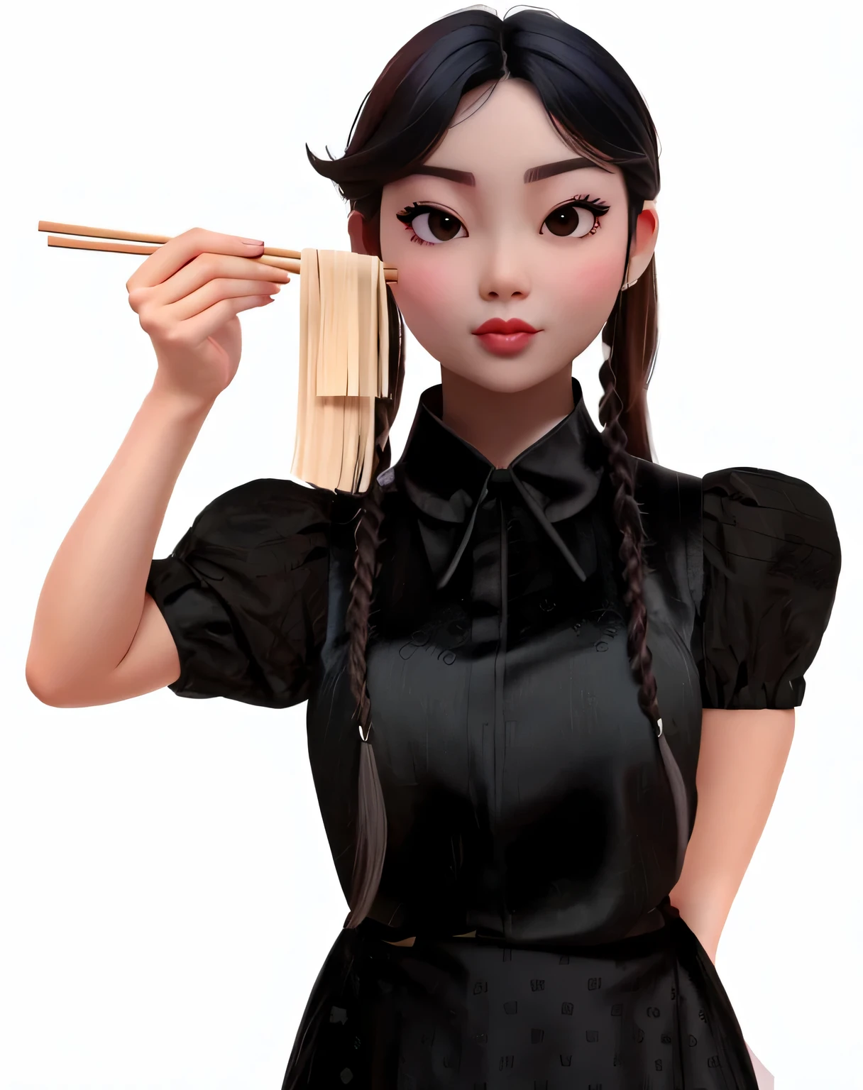 black ethnic wear,puff sleeves,Holding chopsticks,half cut sleeves