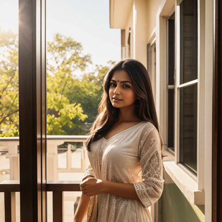 (best quality,hyper realistic photo,realistic,photo-realistic:1.37),indian woman, long hair, ,c-cup breasts, casually dressed woman,relaxed pose,standing on the balcony,looking directly at the camera,dark brown eyes,beautiful detailed eyes,perfect hands,subtle makeup,natural beauty,hint of blush on cheeks attractive figure,slim and curvy silhouette,soft sunlight streaming in,creating gentle shadows,hyper-detailed background,harmonious color palette,vibrant and warm colors,subtle gradients,photorealism in every aspect of the image.