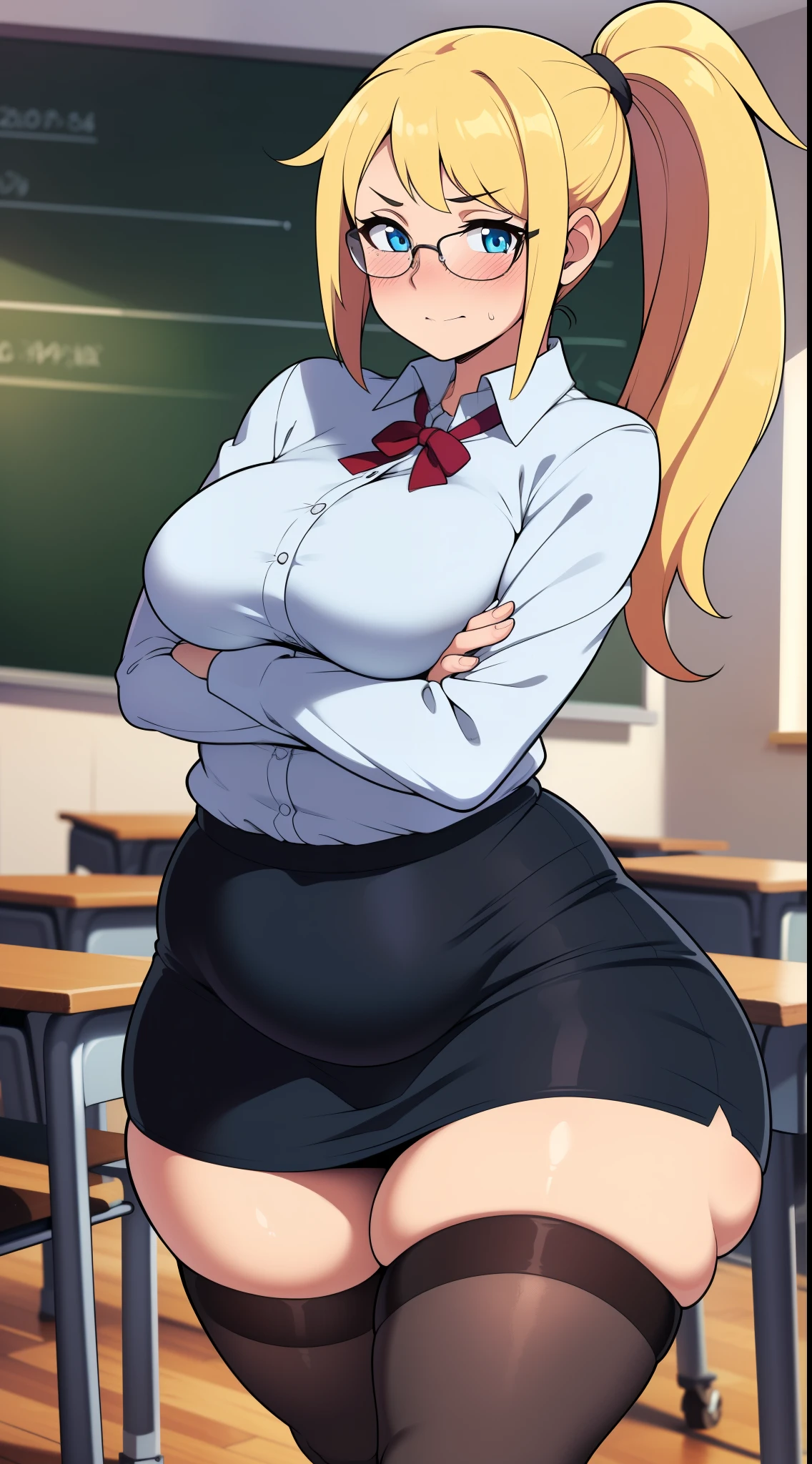 , ((highres)),Masterpiece, high quality, best quality, beautiful, perfect lighting, detailed face, ultra cute face, ((1girl)), ((solo), long blonde hair, ponytail, blue eyes, glasses, embarrassed look, masochist, aroused, ((blush)), looking at viewer, arms crossed, standing in a classroom, (classroom), daytime, dress shirt, pencil skirt, (tight clothes), ((chubby)), (thigh highs), (wide hips), ((thick thighs)), medium breasts, perky breasts, 24 year old female,