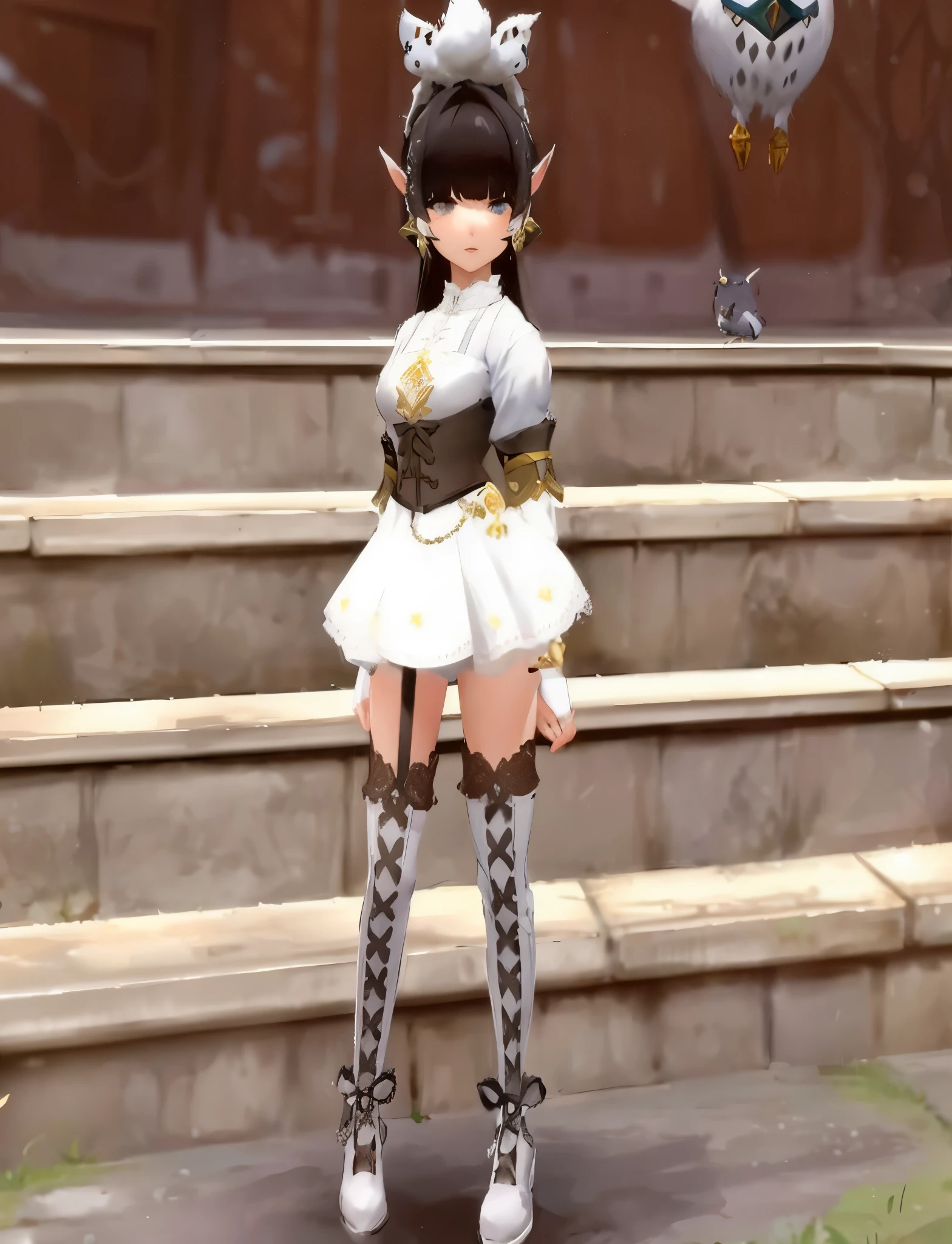 masterpiece:1.2, best quality, detailed and beautiful, There is a woman in a white dress and a bird in the background, lineage 2 revolution style, Lalafell, JRPG fashion, wearing monster hunter armor, maplestory gang girl, fantasy costume, moon themed costume, White Cat Girl, wearing monster hunter armorいる, Ayaka Genshin impact, from lineage 2, Maid clothes, fashionable rpg clothing
