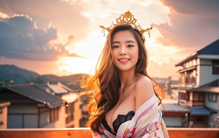 1_Indonesian_girl_face, solo, long_hair, japanese_clothes, black_hair, kimono, headdress, shawl, Very_ Large_breasts, hair_ornament, jewelry, very_long_hair, mountain, cloud, sky, downblouse, very_low_claveage_exposed_half_of_breasts, showing_half_Very_large_breast, (8k, Best Quality, Masterpiece:1.2), (Realistic, Photorealistic:1.37), Ultra Detail, 1 Girl,Cute,Solo,Beautiful Detailed Sky,Date,(Blush),(Smile:1.15),(Closed Mouth)Small Breasts,Beautiful Detailed Eyes,(Long Hair: 1.2),Floating Hair NovaFrogStyle, Upper Body