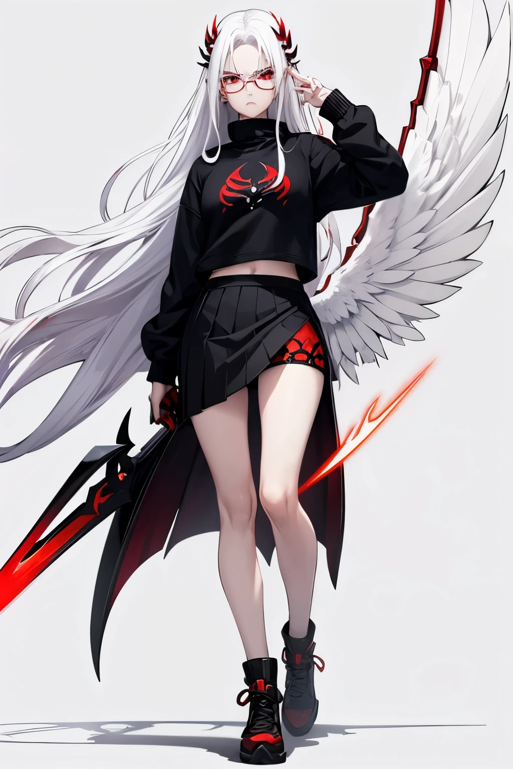 white hair, red eyes, woman, sweater, black sweater, skirt, black skirt, jojo pose, white hair, red eyes, long hair, angry, glasses, white glasses,  white background, wings, white wings, red aura, do not wear accessories on the hair, long weapon sickle, red weapon sickle