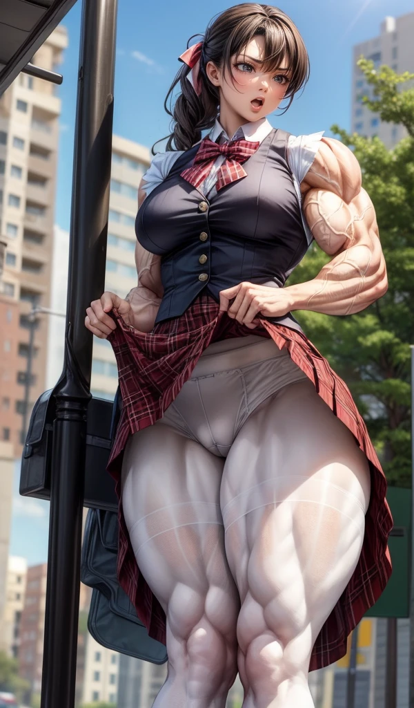 , (muscular female:1.1),waistcoat, skirt lift,bow panties,muscular thighs
masterpiece, best quality,  extremely detailed face, perfect lighting, extremely detailed CG,open mouth,bus stop,white pantyhose