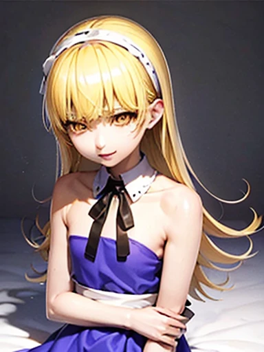 nsfw,lie down、On your back、sleep、Held down、Alice、美girl、girl、delicate、beautiful, whole body, smile, smile alicesmt, dress, long hair, blonde hair, hair band, dull bangs, puffy sleeves, blue dress, yellow eyes