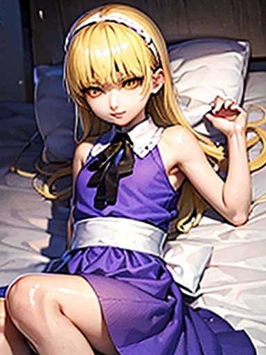 nsfw,lie down、On your back、sleep、Held down、Alice、美girl、girl、delicate、beautiful, whole body, smile, smile alicesmt, dress, long hair, blonde hair, hair band, dull bangs, puffy sleeves, blue dress, yellow eyes