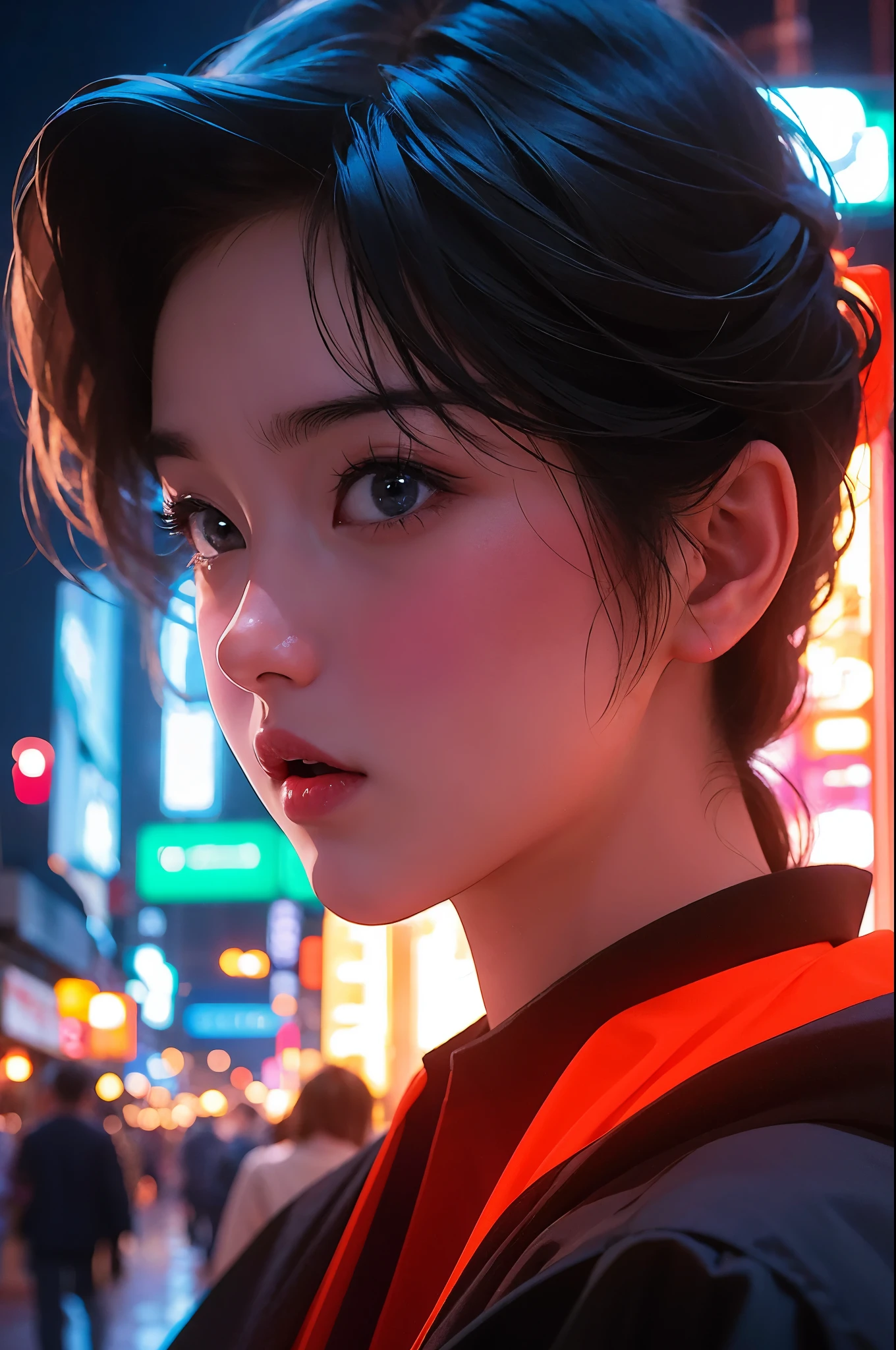 1 girl, Tokyo streets,night, city View,city lights, Upper body,close up, 8k, original photo, best quality, masterpiece,actual, photo-actual,