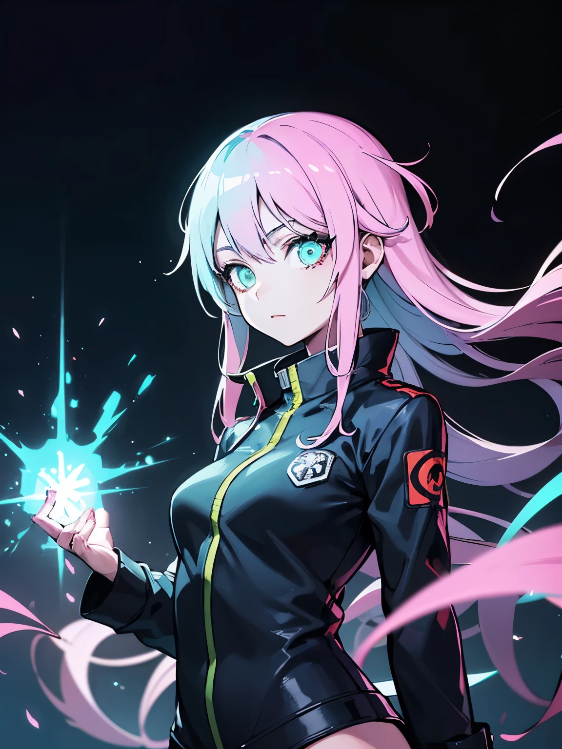 A beutiful girl wearing fire force anime clothes, neon clothes, beutiful lights, low brightness on background, neon eyes,