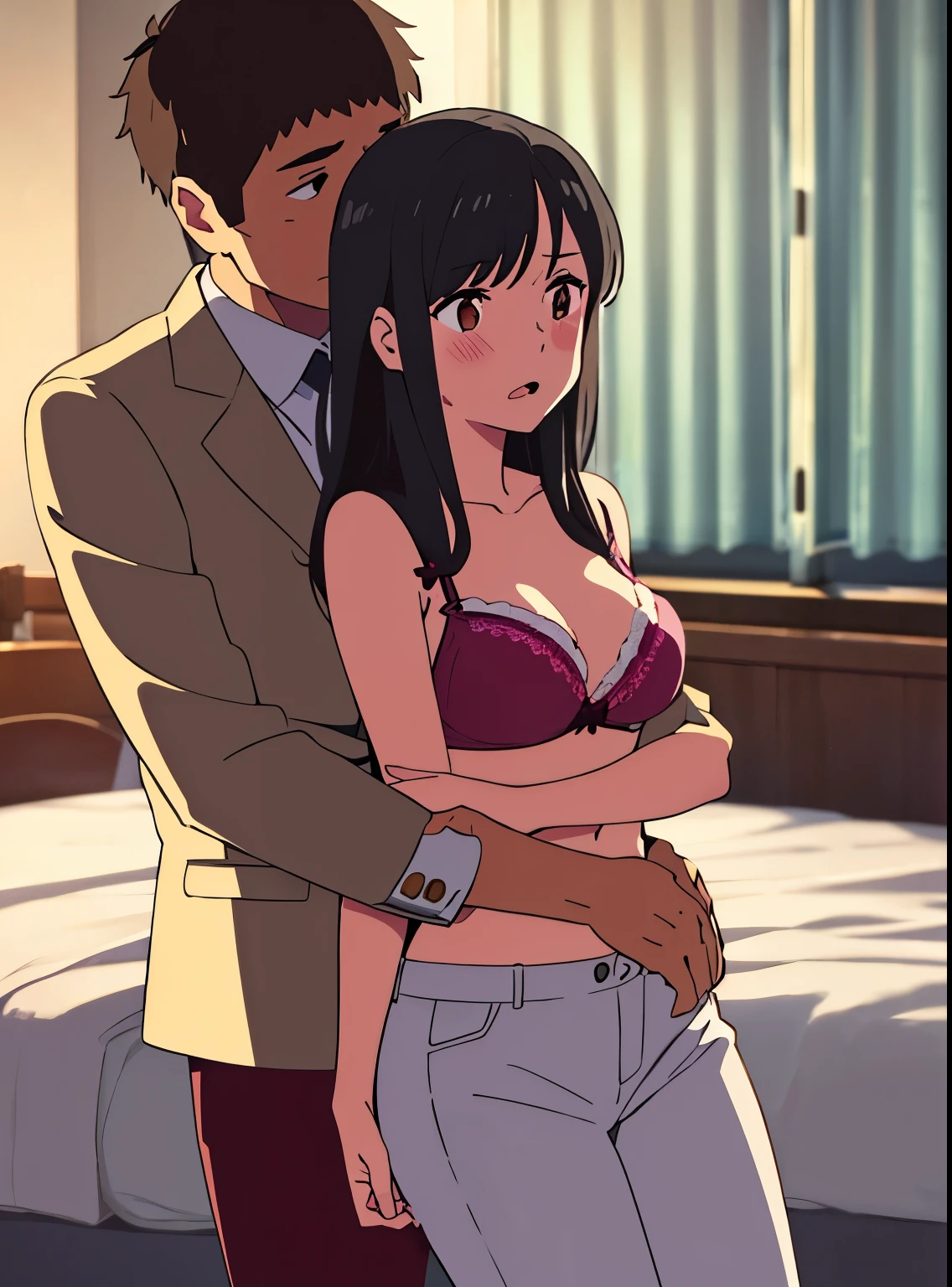 1middle age man, wrinkle face, black hair,bangs swept to the right side, Middle aged man behind girl, touching chest, breatsgrope from behind, grab, grabbing chest,chestgrab behind back, hold breast, hug back, hugging, neck kiss, 1girl, mature woman, black hair, twisted half up, red ribbon, long hair, brown eyes, blue star necklace, white collared shirt, open shirt, unbuttoned shirt, navel, big breast, big ass, Big hips, big thighs, pink nipples, white panties, cute, open mouth, full body, long sleeves, cowboy shot, masterpiece, on a dating, blushing, bedroom, night, sit on bed