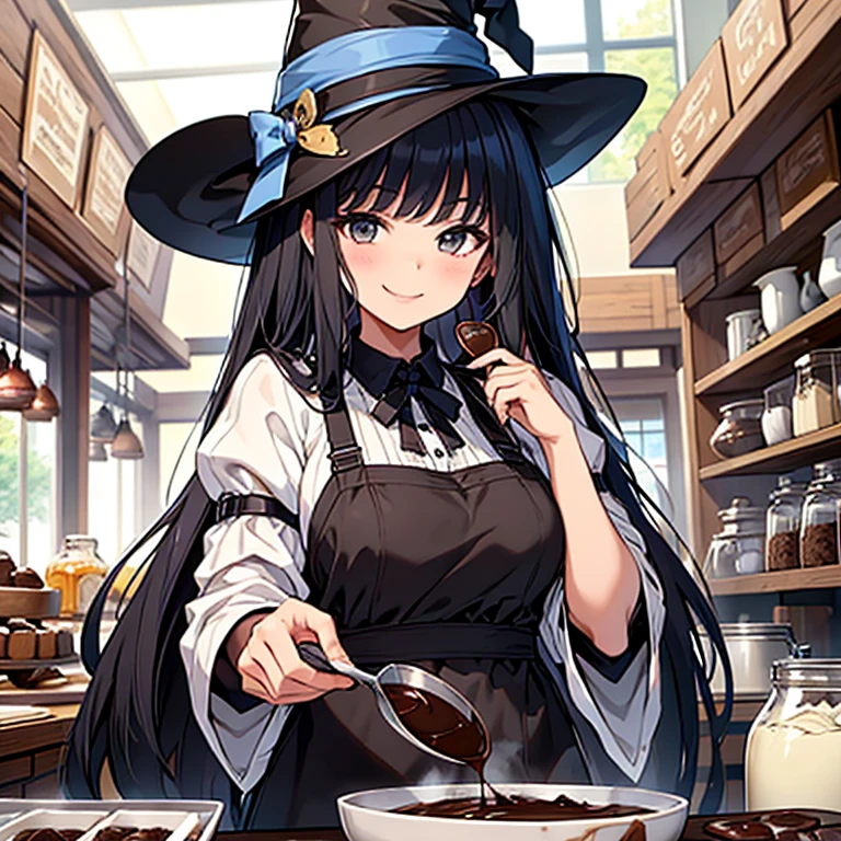 masterpiece, highest quality, 8K, 1 person,13 years,long black hair ,Making chocolate with magic, cute smile,  delicate girl, witch、Making chocolate sweets with magic、Cooking chocolate in a big magic jar