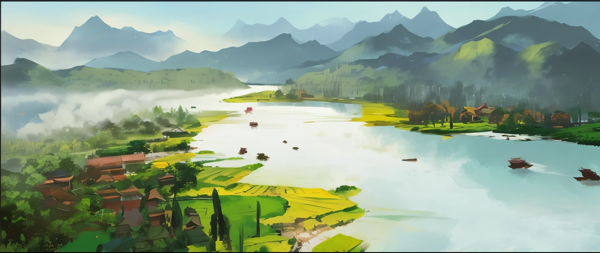 painting of a river with mountains in the background, inspired by Lu Zhi, inspired by Dong Qichang, scenery artwork, inspired by Huang Binhong, by Qu Leilei, by Li Zai, inspired by Fenghua Zhong, environment painting, dota matte painting concept art, by Yang J, chinese painting style, by Yang Borun, by Ye Xin