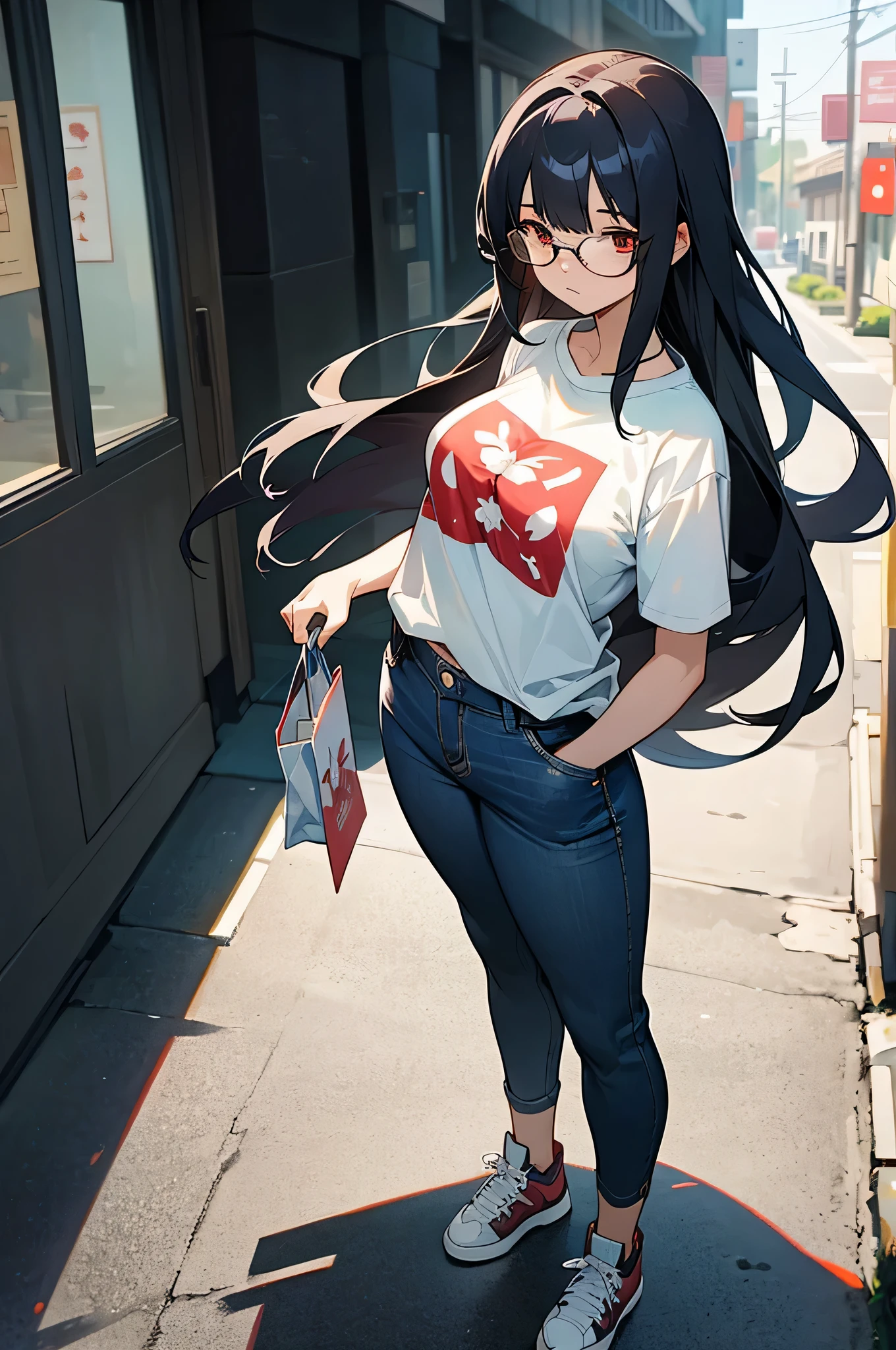 Ara with sword and sword々cool girl, メガネのanimeの女の子, 魅惑的なanimeの女の子, anime, animeの女性キャラクター, animeの女性の全身アート, big breasts, big , big ass, big hips, black hair, long hair, single tail hairstyle, red eyes, height: 170cm, black underrim glasses, wearing pants and a T-shirt, patterned clothing, modern casual clothing, casual modern clothing, wears long flowing clothes, wearing a haori, casual clothing style, casual pants style, denim jeans, wearing sneakers, black sneakers, Shopping Street, evening, Sunny, summer,