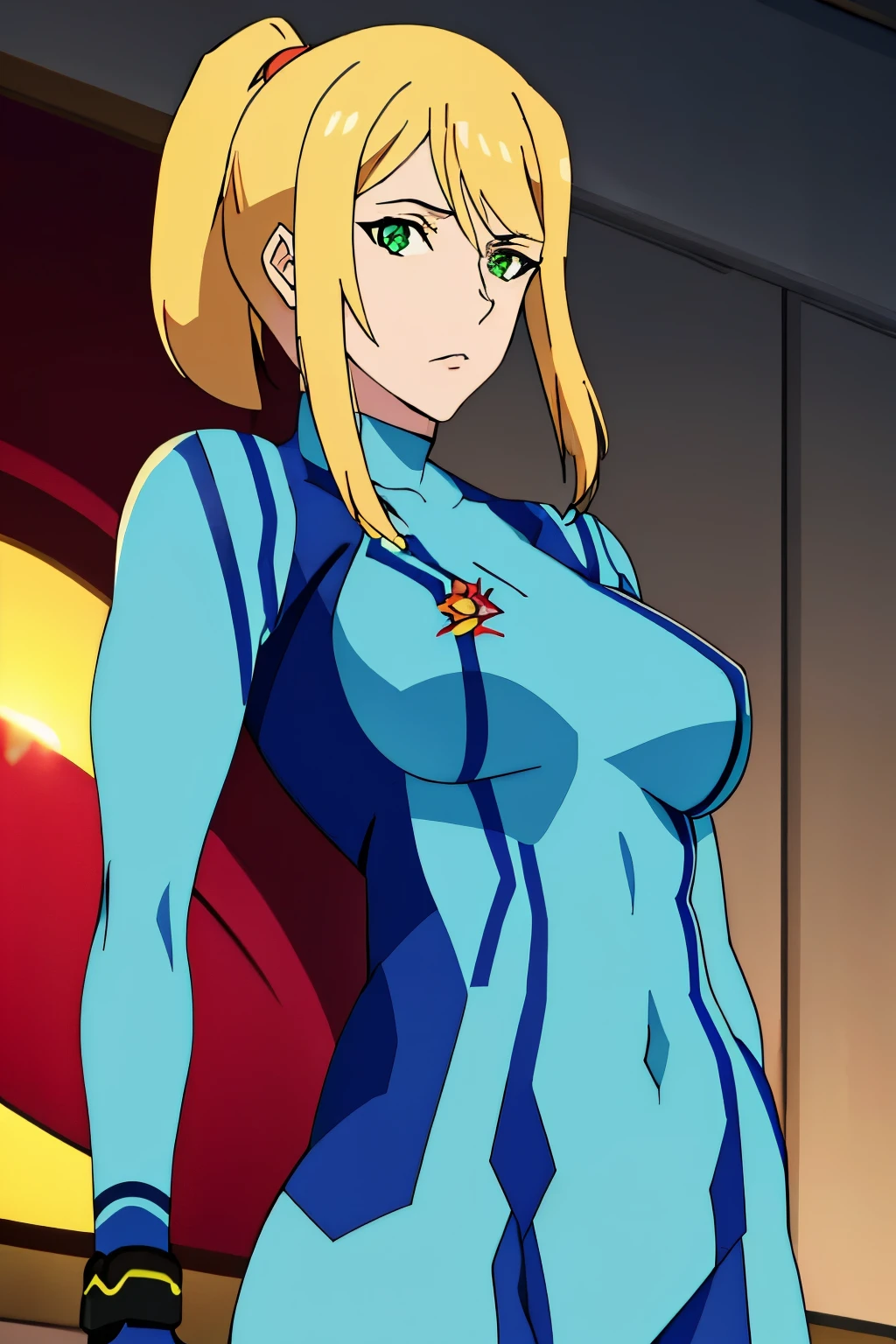 samus,1girl, solo, long hair, breasts, looking at viewer, bangs, blonde hair, large breasts, holding, green eyes, ponytail, w bodysuit, covered navel, muscular, abs, mole under mouth, skin tight, curvy female, blue bodysuit, zero suit,zero suit, blue gloves, simpossible bodysuit, samus aran, ship corridor, background masterpiece, best quality, 1girl, anime style, upper body, large breasts, ((mature female 1.3)),
vox machina style