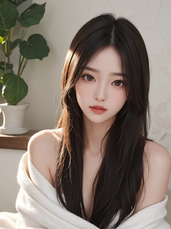masterpiece、The highest image quality、hightquality、Beautuful Women、japanes、Popular Korean Makeup、detaileds、Swollen eyes、A detailed eye、Detailed skin、Beautiful skins、超A high resolution、(现实:1.4)、very extremely beautiful、Slightly younger face、Beautiful skins、thin、(A hyper-realistic)、(illustratio)、(hight resolution)、(8K)、(ighly detailed)(The best illustrations)、(beautifully detailed eyes)、(ultra-detailliert)、(wall-paper)、(详细的脸)、looking at the viewers、fine detailed、 A detailed face、pureerosfaceace_v1、a smile、Looking straight ahead、Looking straight ahead、angle from waist up、photos realistic、Bright lighting、profetional lighting、A dark-haired(Some greenery)、length hair、Hair over one eye、Dark ruins、Big Red Moon、((wrapped white blanket)), bare shoulder